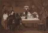 Séance de dessin nocturne à Naples by Louis Dupré, 1814, Plume et encre brune, lavis brun et rehauts de gouache blanche, sold Mar 2023