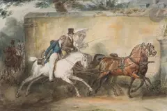 Attelage sur La Route des Bois by Eugène Lami, Aquarelle gouachée sur traits de crayon noir, plume et encre brune, sold Mar 2023