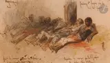 Barricade : faubourg Saint-Jacques exposition des cadavres by Adolphe Hervier, 1848, Aquarelle, plume et encre brune, sold Mar 2023