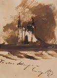 Burg au milieu des flots by Victor Hugo, 1857, Plume et pinceau, lavis brun, rehauts de gouache blanche et de gomme arabique, sold Mar 2023