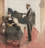 Après dîner by Jean-Louis Forain, vers 1885, Aquarelle, sold Mar 2023