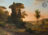 Vue de Saint-Pierre à Rome depuis les jardins de la villa Borghèse au soleil couchant by Pierre-Athanase Chauvin, Toile Traces de signature et de date : «, sold Mar 2023