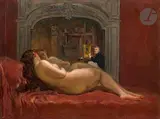 Le Repos du modèle by Antoine Émile Plassan, Panneau d’acajou parqueté, sold Mar 2023