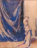 Élégante au rideau bleu by Drian, Gouache, sold Oct 2012