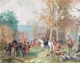 Équipage de Bonnelles-Rambouillet, la duchesse d'Uzès au rendez-vous by Karl Reille, Gouache, sold Jun 2012
