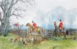 Chiens passant une barrière, probablement le Kildare Hunt Équipage du Major Beaumont (Irlande) by Karl Reille, Gouache, sold Jun 2012