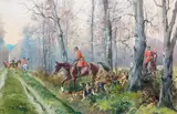 Équipage Vouzeron. Sologne Louis Brousseau dit La Verdure sur Nanquin et Daguet ramenant leurs chiens à la voie, en forêt de Vouzeron sur la route d'Allongny by Karl Reille, Gouache, sold Jun 2012