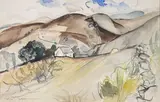 Paysage de Lozère by Jacques Laplace, 1928, Aquarelle, lavis d'encre et fusain, sold Oct 2022