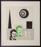 Composition Pop aux visages et aux formes géométriques by Raymond Grandjean, Technique mixte, encre gouache et collage, sold Oct 2022