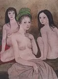 Trois jeunes filles by Germaine Guérin, Aquarelle gouachée, portant un cachet de la succession au dos du montage, sold Oct 2022