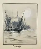 L'abordage, voilier croisant un paquebot by Henri-Edmond Rudaux, Encre, lavis d'encre et rehauts de gouache blanche sur papier cartonné, sold Oct 2022