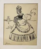 Élégante et lévrier" Dessin à l'encre by Joseph Hémard, Plume et encre noire sur papier, léger rehaut de crayon bleu, sold Oct 2022