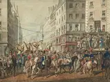 Les drapeaux de Marengo by Pierre Martinet, Plume et encre noire et grise, aquarelle et rehauts d'or sur traits à la pierre noire, sold Dec 2013