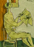 Homme lisant son jourrnal by Jean Dallaire, gouache on card, sold Sep 2019
