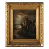 Nocturne Scene with Returning Hunter and Manor House by Théophile Schuler, Oil on canvas, sold Apr 2023