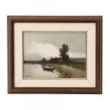 Landscape Painting with Cottage at Water's Edge by H. Ford, Oil on canvas, sold Mar 2023