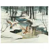 Printed Scene of Mallards Landing in Winter Wood by Howard Connolly, Offset lithography with printed signature, sold Mar 2023