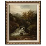 Landscape with Waterfall and Angler by E. Walters, Oil on canvas (lined), sold Mar 2023