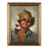 Boy with Pipe and Straw Hat by Enrico Frattini, Oil on canvas, sold Mar 2023