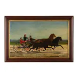 Three Trotters Pulling Men in Sulkies by Rod F. Pugh, Oil on canvas (mounted to board), sold Mar 2023