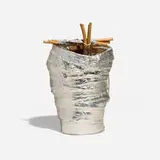 Ritual Bundle by Ed Rossbach, 1987, eucalyptus bark and Japanese gold paper, cut branches, raffia, sold Jan 2026