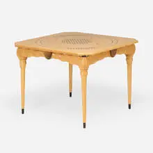 Game table by Edward Zucca, 1989, bleached curly maple, ebony, polyester resin, finn braces, Honduran mahogany finish, sold Jan 2026