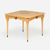 Game table by Edward Zucca, 1989, bleached curly maple, ebony, polyester resin, finn braces, Honduran mahogany finish, sold Jan 2026