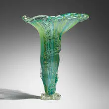 Vibrant Verdant Trumpet Mongo with Twin Ferns and Cast Base by Fritz Dreisbach, 1994, hand-blown and cast glass, sold Jan 2026