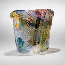Crystal Mongo d'Oro Bowl with Multihue Latticinio by Fritz Dreisbach, 1981, blown glass, glass cane, wire, 24k gold leaf, sold Jan 2026