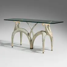 Fox and Lizard console table by Judy Kensley McKie, 1985, laminated birch, milk paint, glass, sold Jan 2026