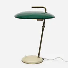 Table lamp by Nicolaj Diulgheroff, c. 1937, enameled aluminum, enameled brass, brass, sold Aug 2022