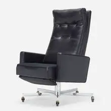 Office chair by Milo Baughman, c. 1970, vinyl, chrome-plated steel, upholstery, plastic, sold Aug 2022