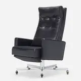Office chair by Milo Baughman, c. 1970, vinyl, chrome-plated steel, upholstery, plastic, sold Aug 2022