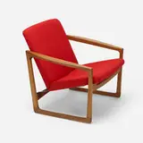 Tipvognstol armchair by attribution H. Brockmann-Petersen, c. 1955, oak, teak, upholstery, enameled steel, sold Aug 2022