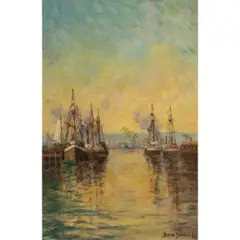 Harbor Under Blue Sky by Bertha Stringer Lee, oil on board, sold Jun 2025