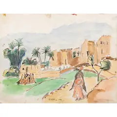 Untitled (Egyptian Village) by Ragheb Ayad, 1956, watercolor, sold Jun 2025