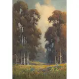 Eucalyptus Trees with Field of Irises by Percy Gray, watercolor, sold Jun 2025