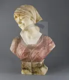 A carved alabaster and rose quartz bust of an Italian woman by G. Pineschi, sculpture, sold Mar 2020
