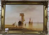Barges off the coast by Ronald Cavalla, oil on canvas, sold Mar 2020