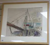 Fishing boat in harbour by Stuart Maxwell Armfield, ink and watercolour, sold Mar 2020