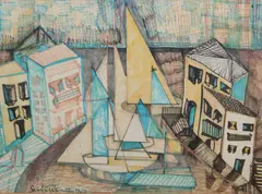 Abstract harbour scene, 32 x 43cm by Sandro Paternostro, drawing, sold Mar 2020
