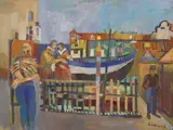 Tudor figures by a boat by Derek Inwood, oil on canvas, sold Feb 2020