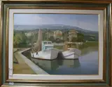 Fishing boats in a harbour by Spartaco Lombardo, oil on canvas, sold Feb 2020
