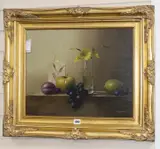 Still life of flowers and fruit on a ledge by Mike Woods, oil on canvas, sold Feb 2020