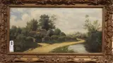 Rural landscape with cottage by E. Cole, oil on canvas, offered Feb 2020