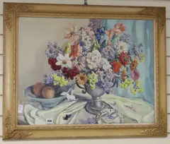 Still life of mixed flowers and fruit on a table by Beatrice Johnson, watercolour, sold Feb 2020