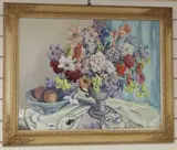 Still life of mixed flowers and fruit on a table by Beatrice Johnson, watercolour, sold Feb 2020