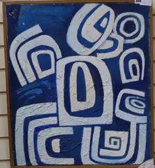 Blue and white abstract painting, initialled SWR and dated -75, 70 x 60cm by Stella W Rankin, oil on canvas, sold Feb 2020
