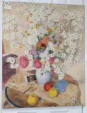 Still life of fruit and a vase of flowers, unsigned, 75 x 61.5cm, unframed by Gordon Scott, oil on canvas, sold Feb 2020