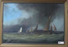 Trows and Cutters in the Channel, 49 x 74cm by Robert Moore, oil on canvas, sold Feb 2020